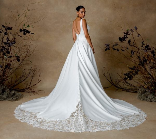 Classic And Dramatic V-Neck Satin Ball Gown With Lace Train by Justin Alexander - Image 2