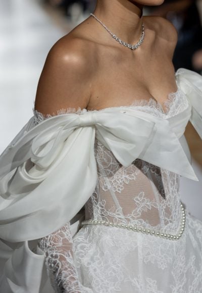 Romantic Off-The-Shoulder Long Sleeve Lace A-Line Dress With Bows by Pnina Tornai - Image 2