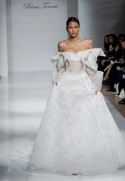 Romantic Off-The-Shoulder Long Sleeve Lace A-Line Dress With Bows by Pnina Tornai - Image 6