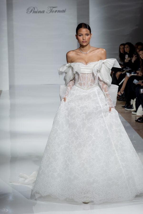 Romantic Off-The-Shoulder Long Sleeve Lace A-Line Dress With Bows by Pnina Tornai - Image 6