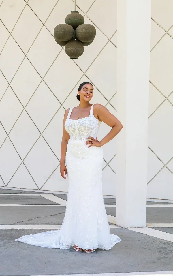 Plus-Size Chic And Romantic Square-Neck Floral Sheath Wedding Dress by Martina Liana - Image 1