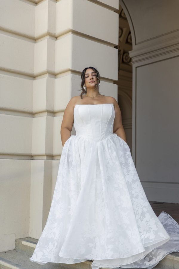Plus-Size Romantic Floral-Embossed Organza Ball Gown by Essense of Australia - Image 1
