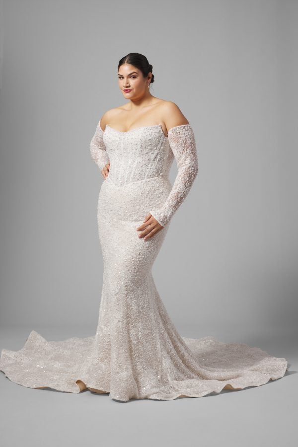 Plus-Size Fit-and-Flare Wedding Dress With Detachable Sleeves by Blanche Bridal - Image 1