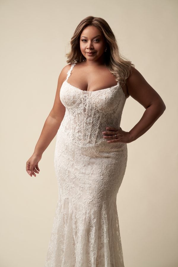 Basque-Waist Lace Sheath Wedding Dress With Corset And Buttons by Allure Bridals - Image 1