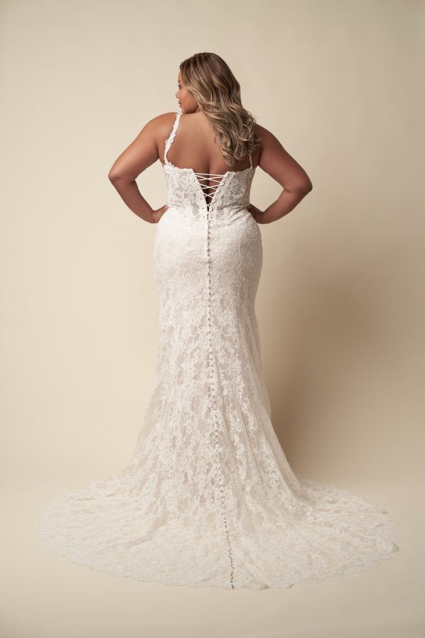 Basque-Waist Lace Sheath Wedding Dress With Corset And Buttons by Allure Bridals - Image 3