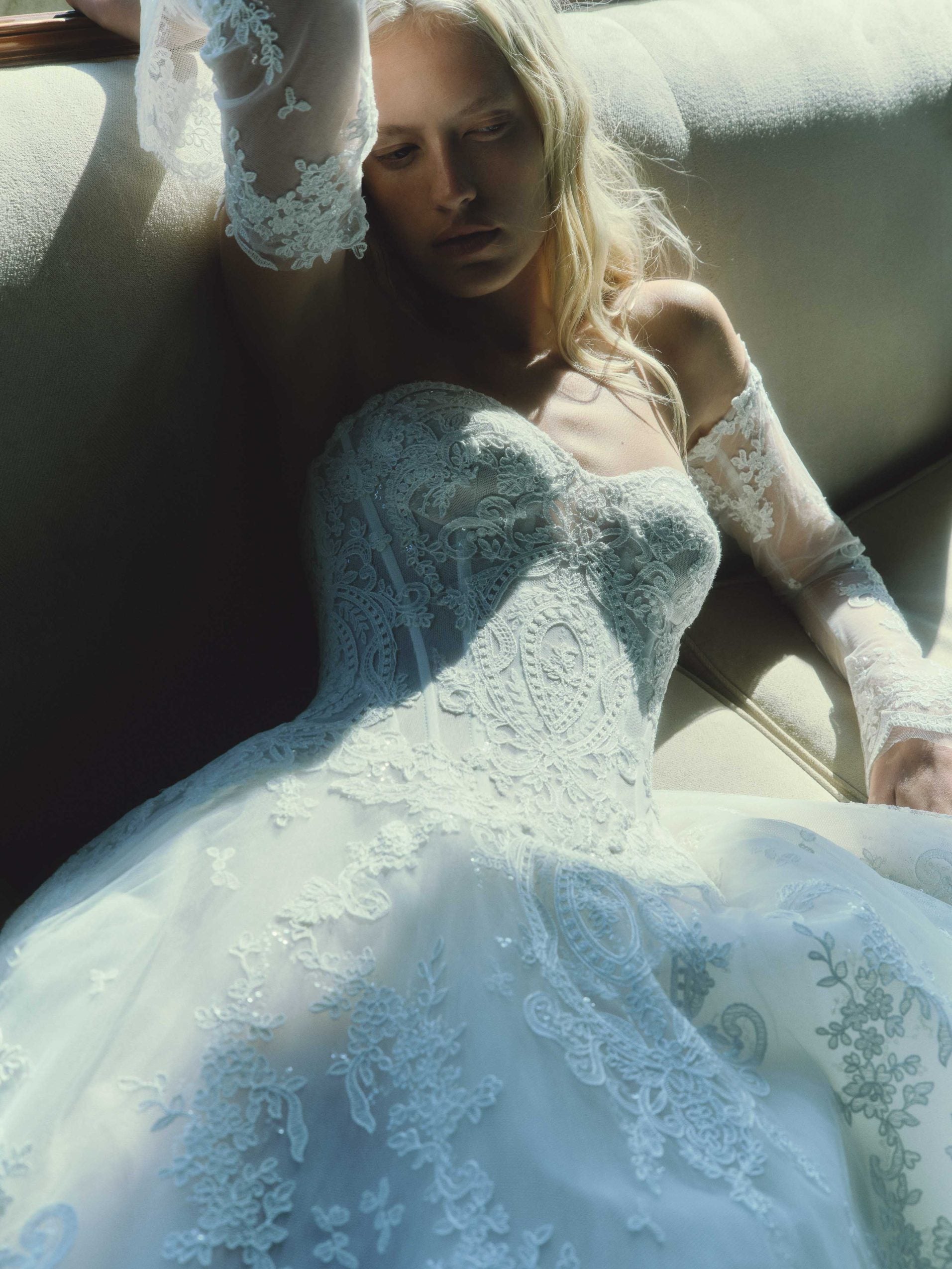 Romantic And Traditional Basque-Waist Lace Ball Gown With