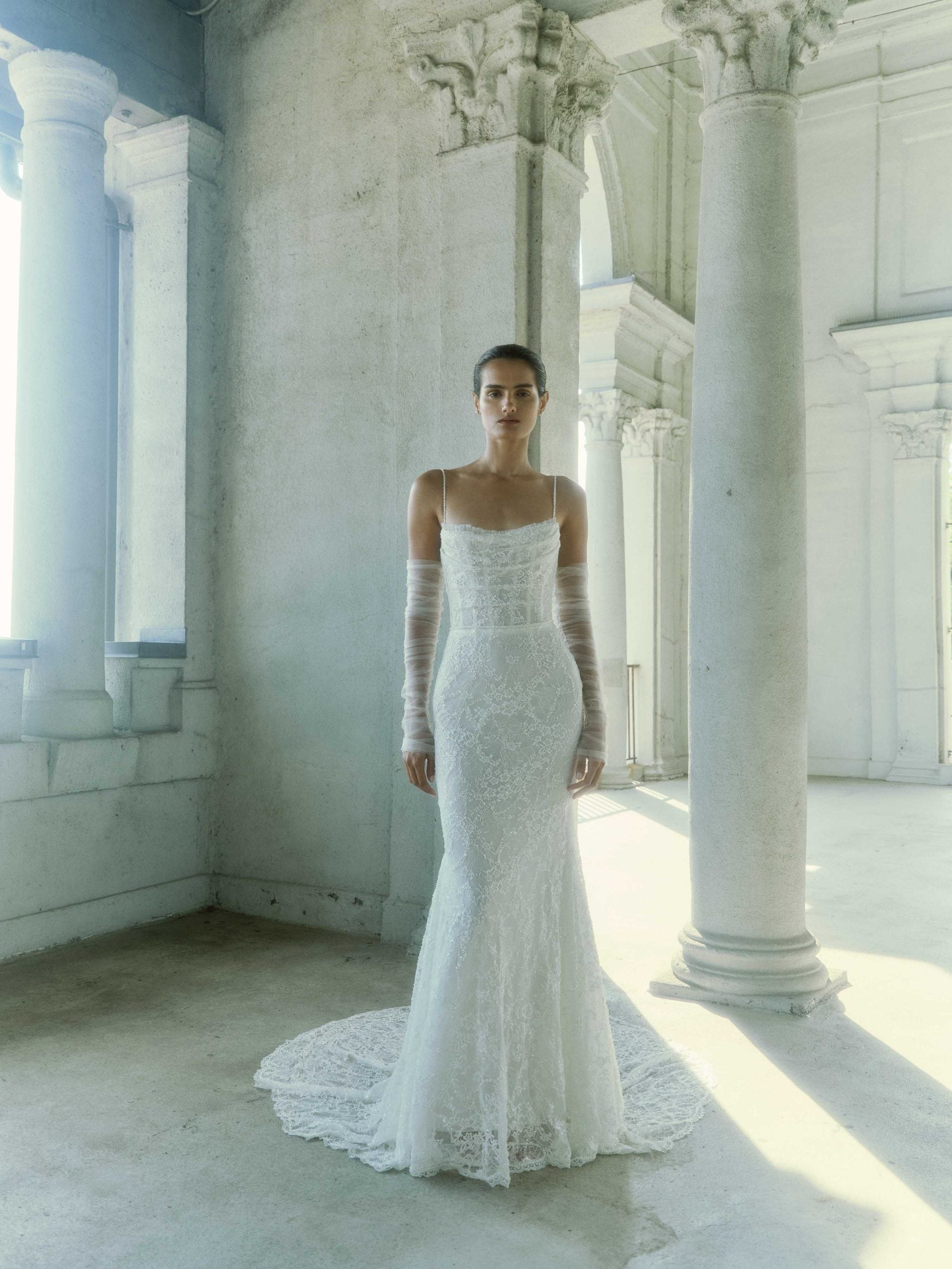 Chic Embellished-Lace Sheath Wedding Dress With Low Back