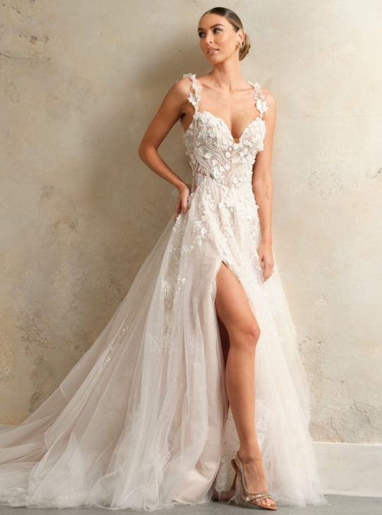 Sparkly 3D Floral A-Line Wedding Dress With Slit by Maggie Sottero - Image 1