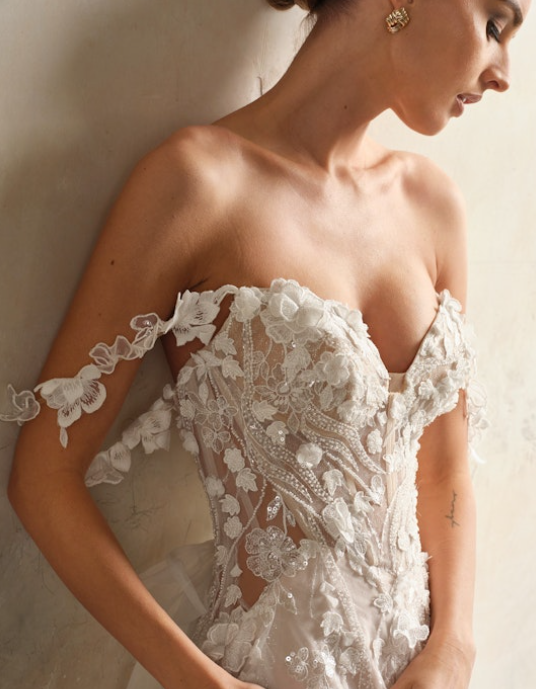 Sparkly 3D Floral A-Line Wedding Dress With Slit by Maggie Sottero - Image 3