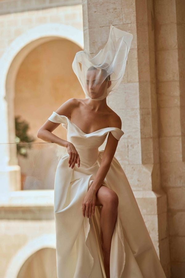 Sculptural Silk Off-The-Shoulder A-Line Wedding Dress With Slit by Alon Livné - Image 2