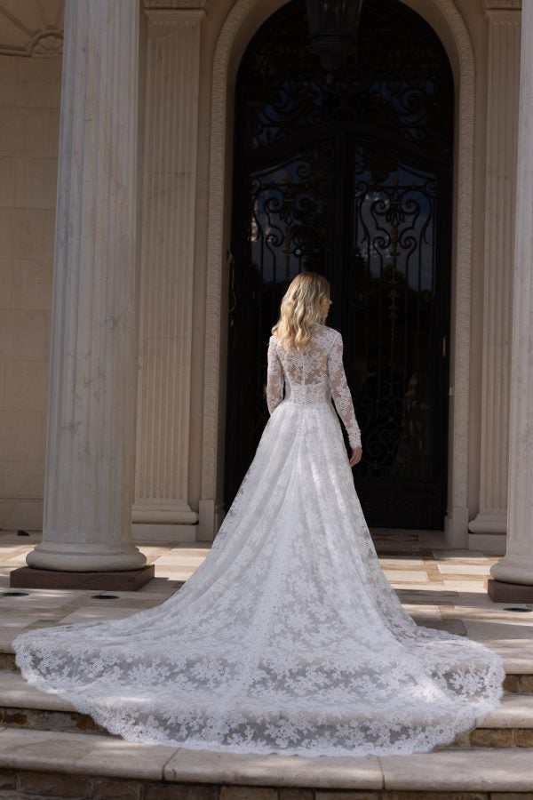 Elegant And Timeless Long Sleeve Lace A-Line Wedding Dress With Buttons by Verdin Bridal - Image 2