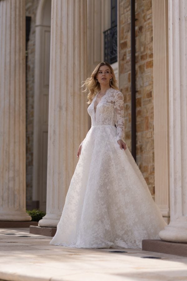 Elegant And Timeless Long Sleeve Lace A-Line Wedding Dress With Buttons by Verdin Bridal - Image 1