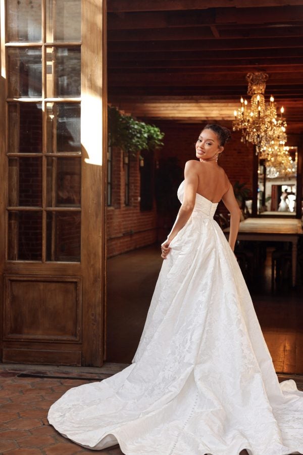 Strapless Jacquard Fit-And-Flare Wedding Dress With Detachable Overskirt by Essense of Australia - Image 3