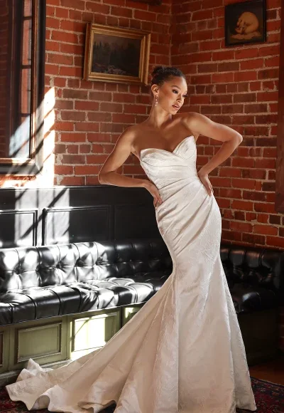 Strapless Jacquard Fit-And-Flare Wedding Dress With Detachable Overskirt by Essense of Australia - Image 4