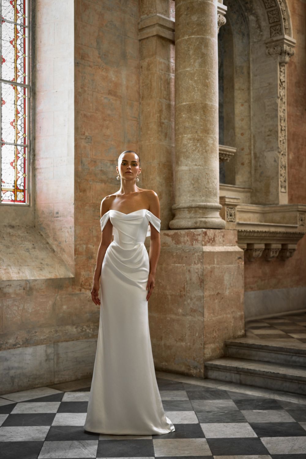 Minimalist Off-The-Shoulder Silk Sheath Wedding Dress | Kleinfeld Bridal