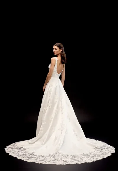 Square-Neck 3D Floral Satin A-Line Wedding Dress With Buttons by Justin Alexander Signature - Image 3