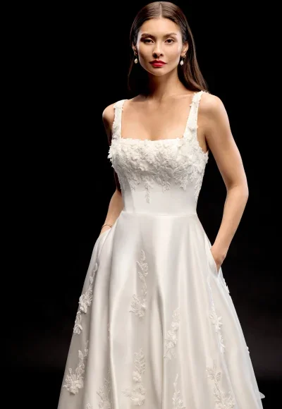 Square-Neck 3D Floral Satin A-Line Wedding Dress With Buttons by Justin Alexander Signature - Image 2