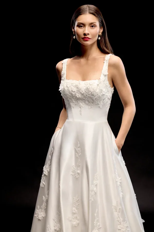 Square-Neck 3D Floral Satin A-Line Wedding Dress With Buttons by Justin Alexander Signature - Image 2