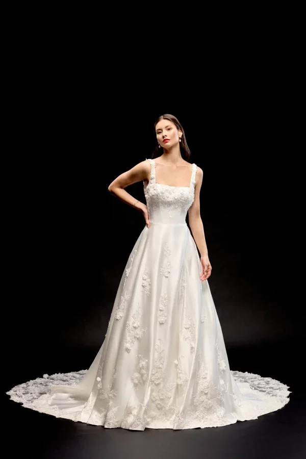 Square-Neck 3D Floral Satin A-Line Wedding Dress With Buttons by Justin Alexander Signature - Image 1