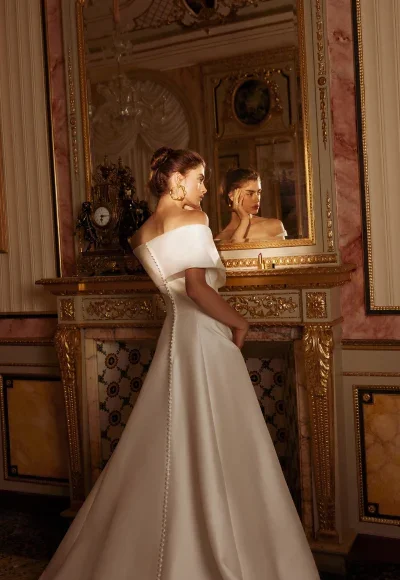 Chic And Classic Off-The-Shoulder Silk A-Line Wedding Dress With Buttons by Justin Alexander - Image 3