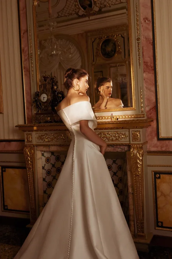 Chic And Classic Off-The-Shoulder Silk A-Line Wedding Dress With Buttons by Justin Alexander - Image 3