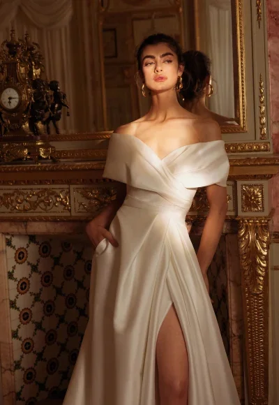 Chic And Classic Off-The-Shoulder Silk A-Line Wedding Dress With Buttons by Justin Alexander - Image 2