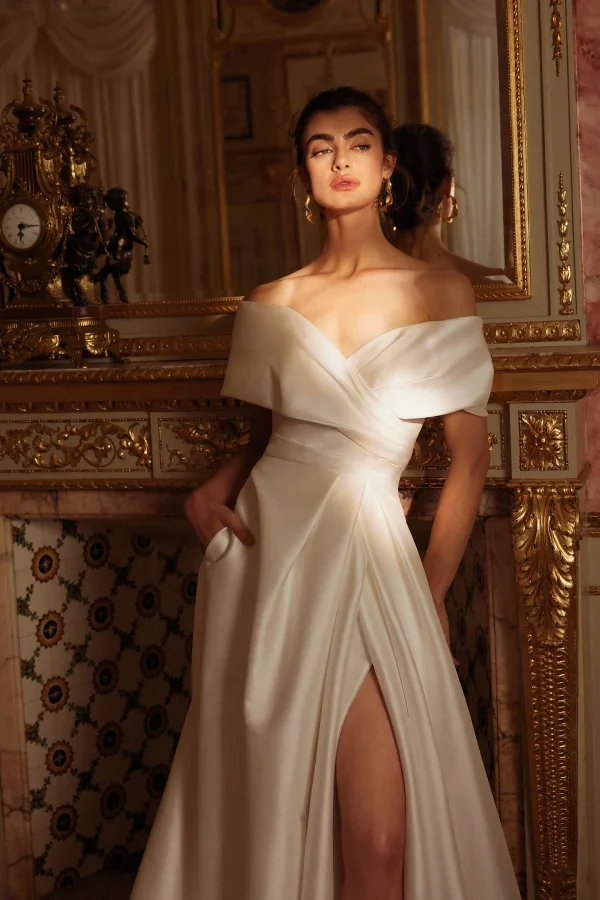 Chic And Classic Off-The-Shoulder Silk A-Line Wedding Dress With Buttons by Justin Alexander - Image 2