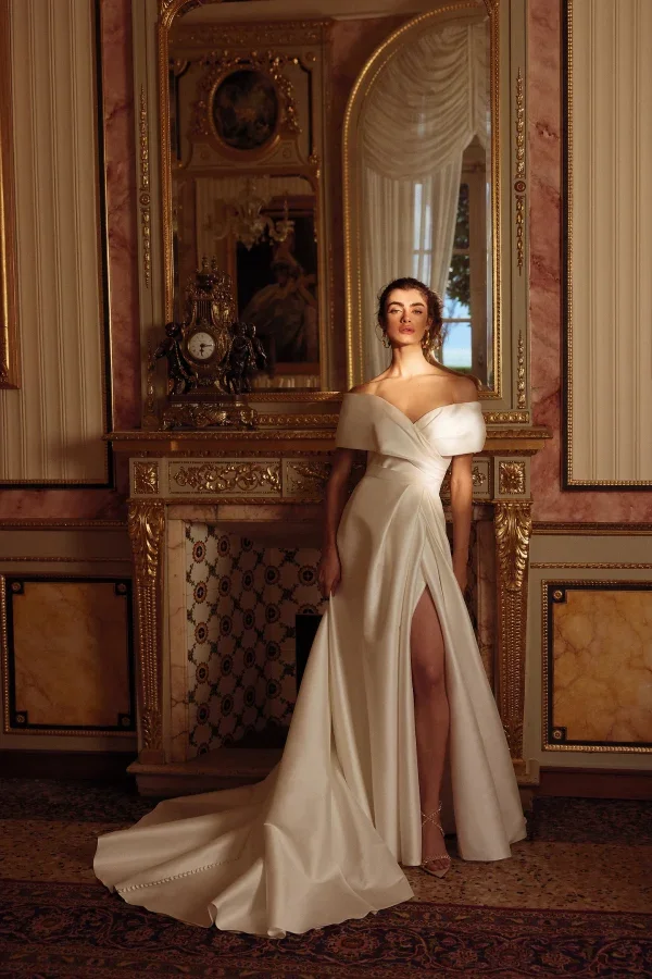 Chic And Classic Off-The-Shoulder Silk A-Line Wedding Dress With Buttons by Justin Alexander - Image 1