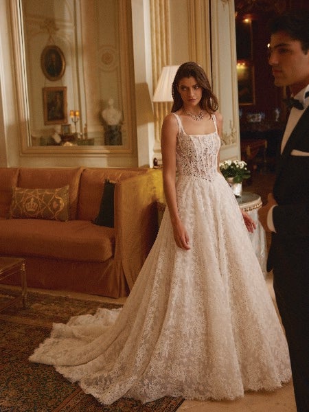 Square-Neck Lace A-Line Wedding Dress With Buttons by Justin Alexander - Image 1