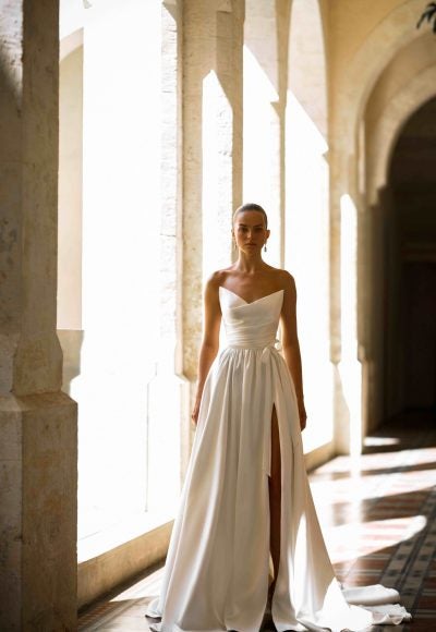Sleek And Minimalist Silk A-Line Wedding Dress With Slit by Alon Livné - Image 2