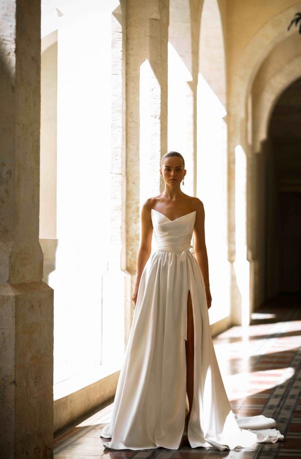 Sleek And Minimalist Silk A-Line Wedding Dress With Slit by Alon Livné - Image 2