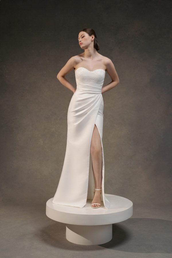 Strapless Sheath Wedding Dress With Slit And Buttons by Anne Barge - Image 1