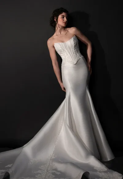 Modern Silk Basque-Waist Fit-And-Flare Wedding Dress With Buttons by Martina Liana - Image 2