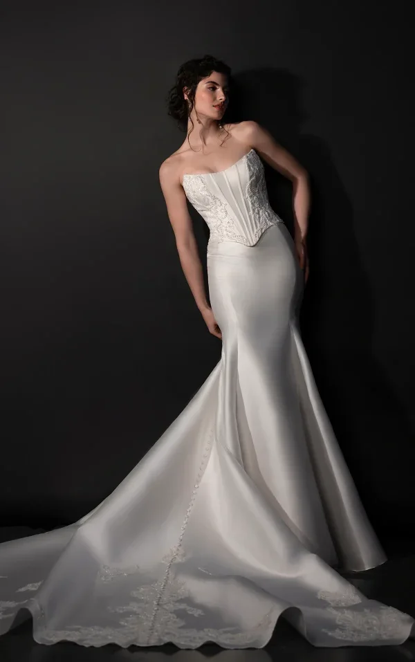 Modern Silk Basque-Waist Fit-And-Flare Wedding Dress With Buttons by Martina Liana - Image 2