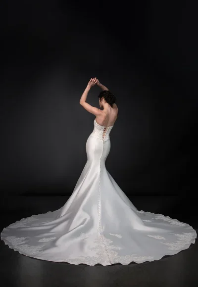 Modern Silk Basque-Waist Fit-And-Flare Wedding Dress With Buttons by Martina Liana - Image 3