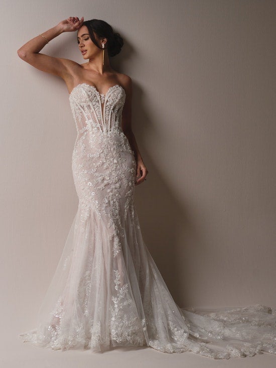 Strapless Embellished Lace Fit-And-Flare Wedding Dress With Long Train by Maggie Sottero - Image 1