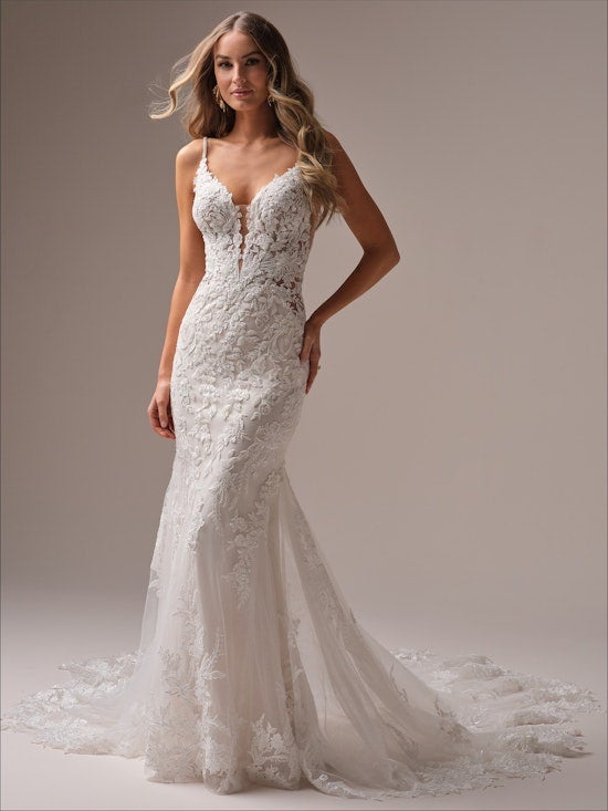 V-Neck Lace Fit-And-Flare Wedding Dress With Open Back And Buttons by Maggie Sottero - Image 1