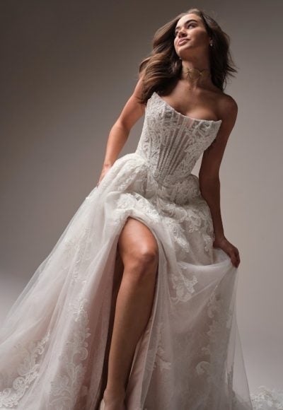 Glamorous And Sparkly Basque-Waist A-Line Wedding Dress With Slit by Maggie Sottero - Image 4