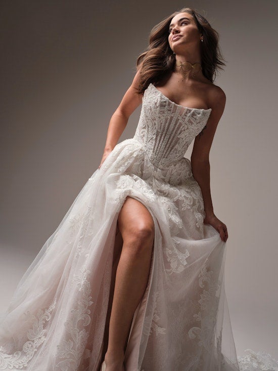 Glamorous And Sparkly Basque-Waist A-Line Wedding Dress With Slit by Maggie Sottero - Image 4