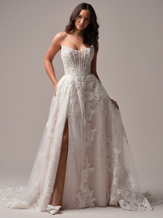 Glamorous And Sparkly Basque-Waist A-Line Wedding Dress With Slit by Maggie Sottero - Image 1