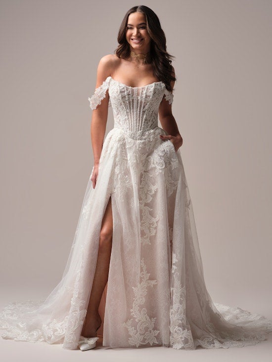 Glamorous And Sparkly Basque-Waist A-Line Wedding Dress With Slit by Maggie Sottero - Image 3