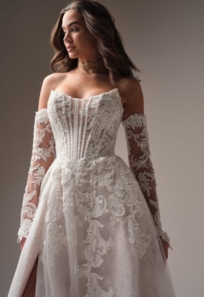 Glamorous And Sparkly Basque-Waist A-Line Wedding Dress With Slit by Maggie Sottero - Image 2