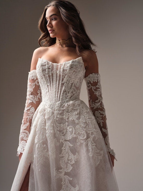 Glamorous And Sparkly Basque-Waist A-Line Wedding Dress With Slit by Maggie Sottero - Image 2