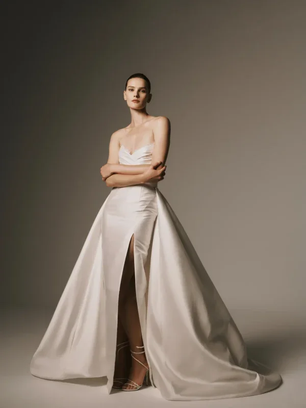 Romantic Silk Sheath Wedding Dress With Detachable Overskirt by Nicole + Felicia - Image 1