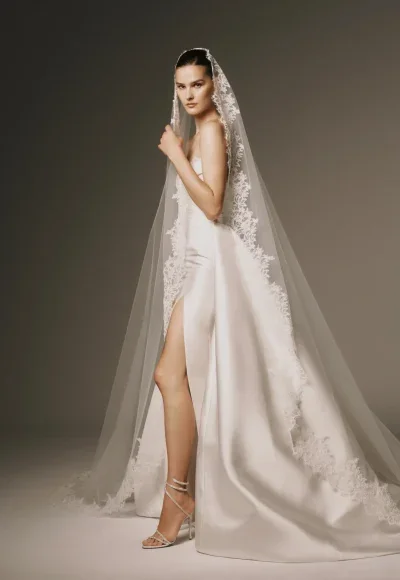 Romantic Silk Sheath Wedding Dress With Detachable Overskirt by Nicole + Felicia - Image 2