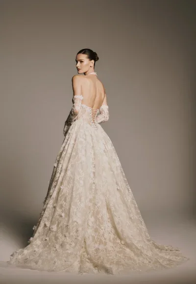 Halter-Neck Basque-Waist Lace Ball Gown With Gloves by Nicole + Felicia - Image 3