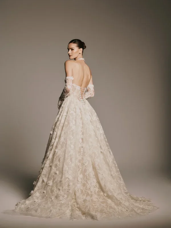 Halter-Neck Basque-Waist Lace Ball Gown With Gloves by Nicole + Felicia - Image 3