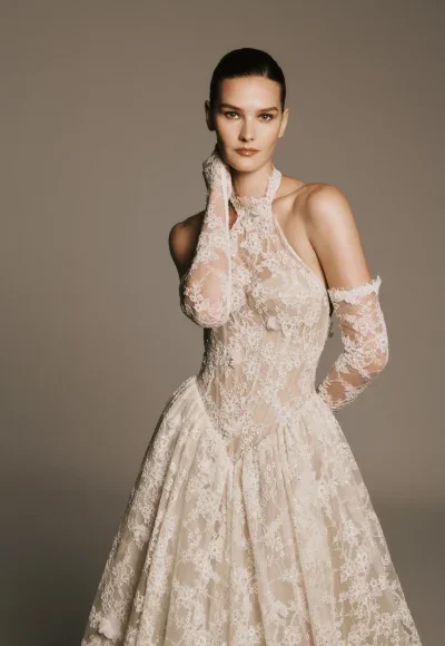 Halter-Neck Basque-Waist Lace Ball Gown With Gloves by Nicole + Felicia - Image 2