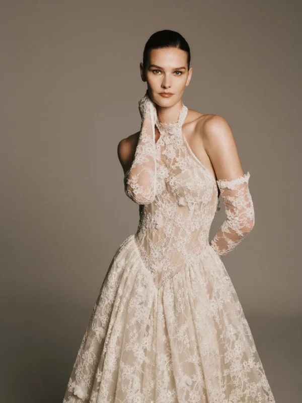 Halter-Neck Basque-Waist Lace Ball Gown With Gloves by Nicole + Felicia - Image 2