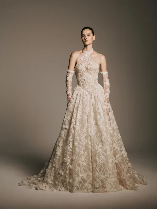 Halter-Neck Basque-Waist Lace Ball Gown With Gloves by Nicole + Felicia - Image 1